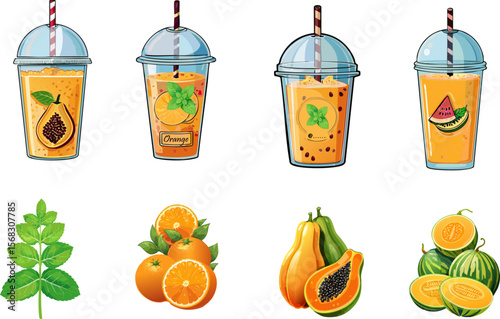 Variety of refreshing fruit smoothies and fruits displayed