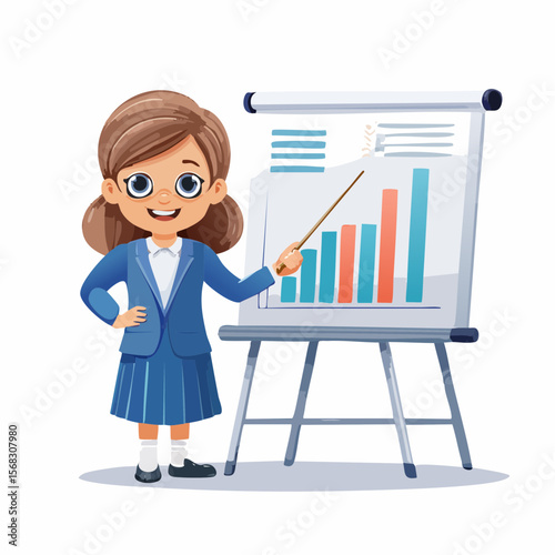 A cheerful girl delivers a confident business presentation while pointing at a flip chart, symbolizing leadership, public speaking, and young entrepreneurship skills