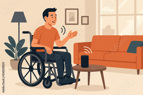 Vector Illustration of Man with Muscular Dystrophy Using Smart Speaker in Modern Living Room