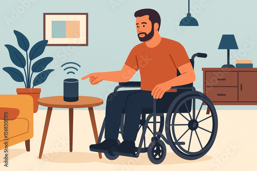 Vector Illustration of Man with Muscular Dystrophy Using Smart Speaker in Modern Living Room