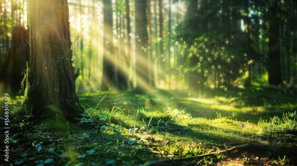 Obraz premium Seeds floating through forest air with sunlight rays. AI-generated.