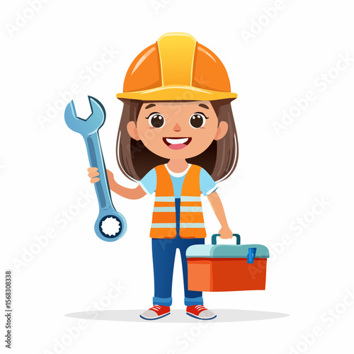 A confident girl smiles while holding a toolbox and wrench, wearing a safety vest and helmet�symbolizing skill, curiosity, and empowerment in hands-on building roles