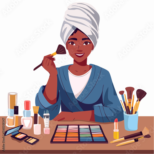 A young woman applies theatrical makeup at her vanity table, preparing for cosplay�expressing creativity, fantasy, and artistic self-expression through performance