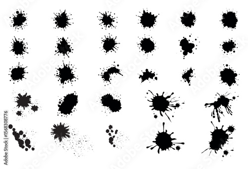 Ink drops and splashes. Blotter spots, liquid paint drip drop splash and ink splatter. Artistic dirty grunge abstract spot vector set. Illustration monochrome drip splash, splat messy inkblot