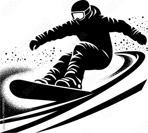 Minimalist vector of snowboarder going downhill, black silhouette
