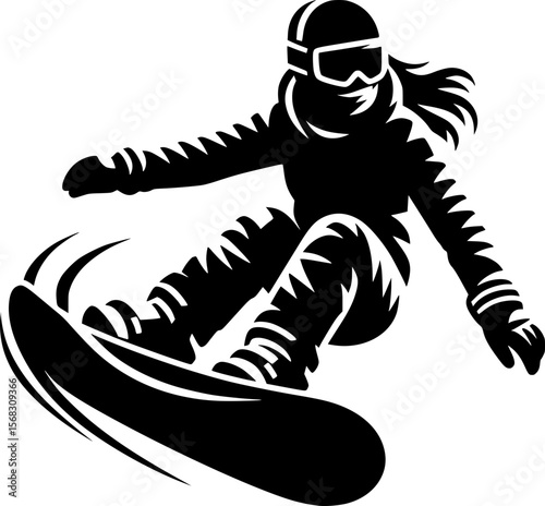 Minimalist vector of snowboarder going downhill, black silhouette
