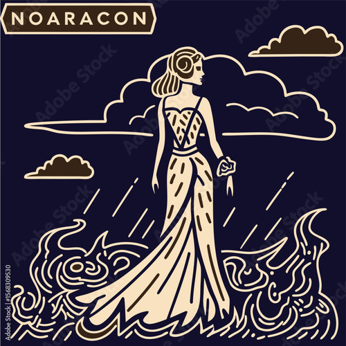 Elegant woman standing flames under stormy sky image