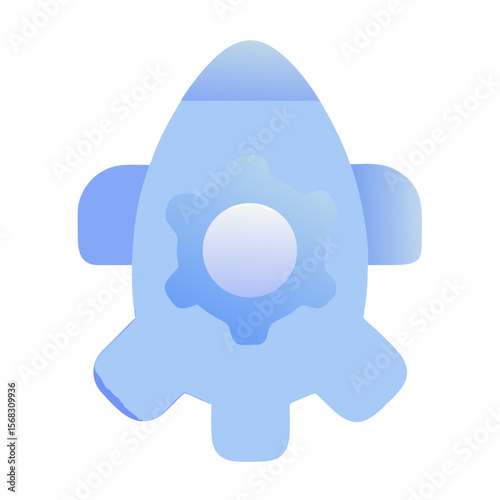 Vector art of a blue and purple gradient icon shows a rocket with a gear inside