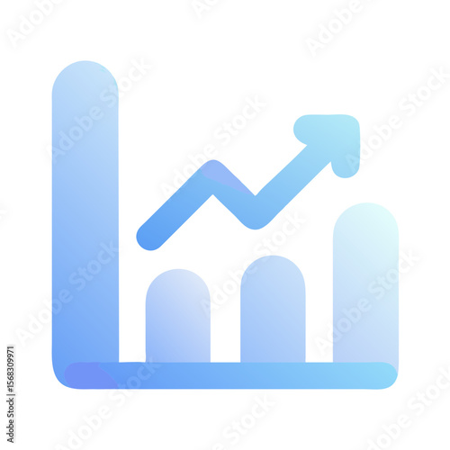 Vector art of a blue and purple gradient bar chart shows an upward trending arrow