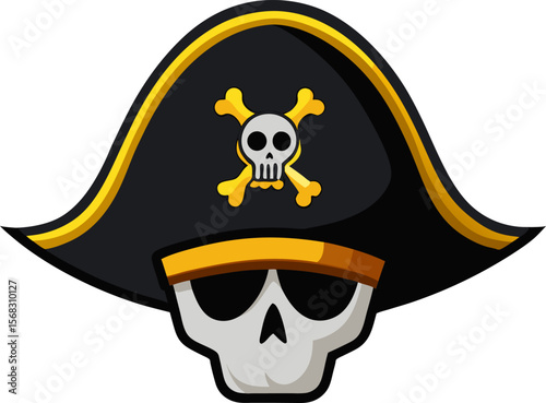 Jolly Roger Pirate Skull Captain Hat  A Cartoon Illustration of a Skull Wearing a Classic Pirate Hat