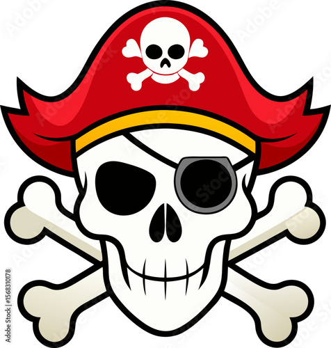 Jolly Roger Skull and Crossbones Pirate Hat, Eyepatch, Cartoon Illustration