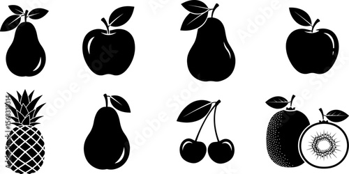 Silhouette Icons Pears, Apples, Pineapple, Cherries, and Kiwi – A Collection of Fruit Graphics