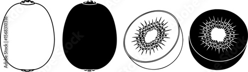 Kiwi Fruit Illustrations Whole, Sliced, and Silhouette Designs for Culinary Use
