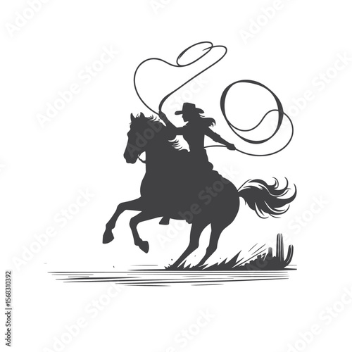 A bold cowgirl rides a rearing horse, lasso spinning in one hand and a wide-brimmed hat shading her face. Her silhouette captures the spirit of the Wild West—dynamic, fearless, and full of motion.