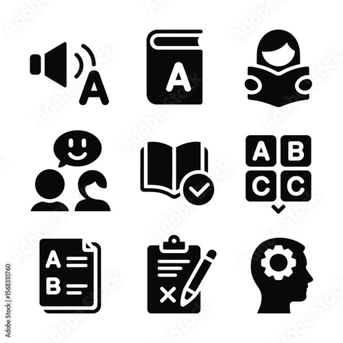 Solid filled icon set of literacy skills including phonics vocabulary storytelling reading comprehension and word icons

