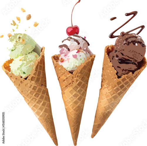 Three ice cream cones isolated on white background