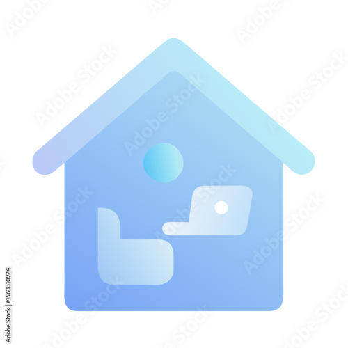 Vector art of a house icon with a home office setup including a desk, chair, and laptop, isolated on a white background