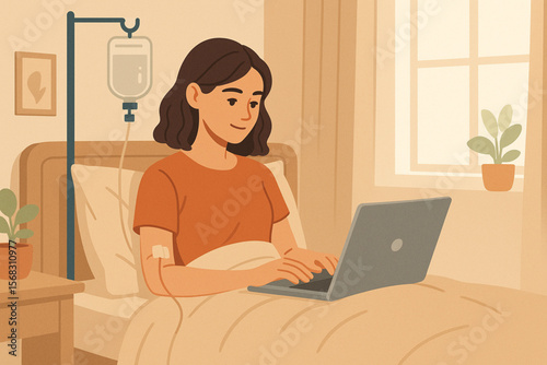 Illustration of Young Woman with IV Line Relaxing in Bed Working on Laptop in Bright Cozy Bedroom