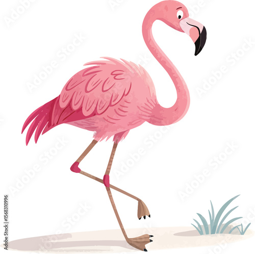 A pink flamingo is walking isolated on white background