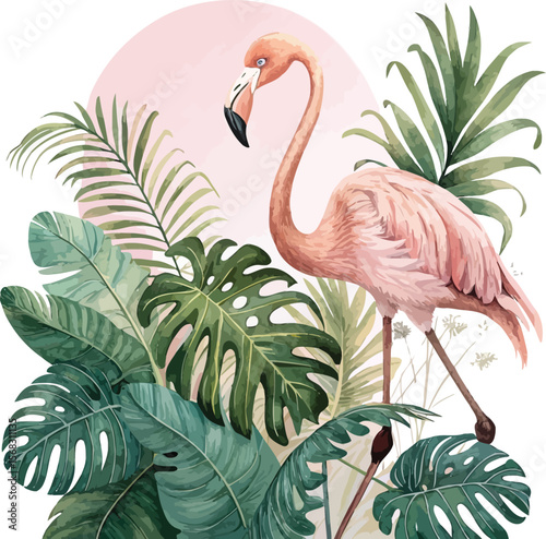 A pink flamingo with green leaves isolated on white