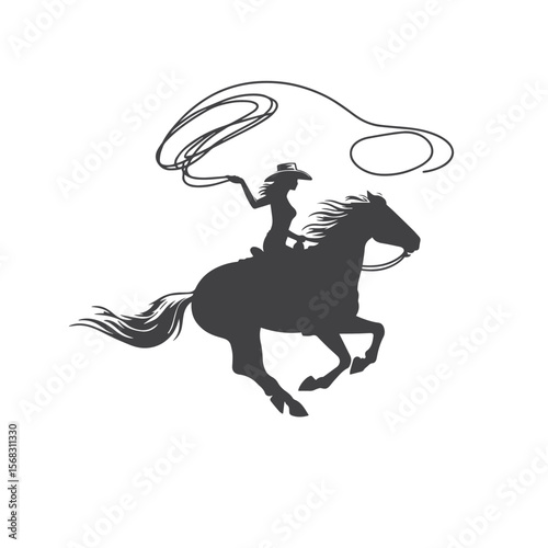 A bold cowgirl rides a rearing horse, lasso spinning in one hand and a wide-brimmed hat shading her face. Her silhouette captures the spirit of the Wild West—dynamic, fearless, and full of motion.