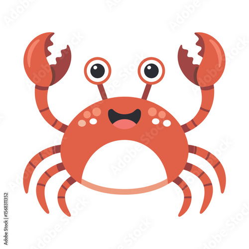 Cute cartoon crab with big eyes and raised claws on a white background