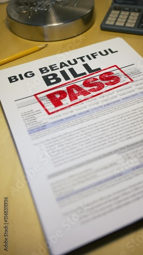 Close-up vertical view of a political document titled “BIG BEAUTIFUL BILL” stamped with a bold red “PASS.” Scene includes a pencil, calculator, and desk symbolizing legislation approval or policy.