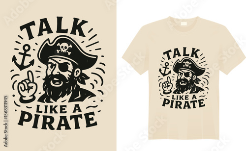 Bold pirate-themed t-shirt featuring a skull, crossed swords, and “Talk Like a Pirate” slogan. Perfect for buccaneers, sea lovers, and September 19th celebrations!
