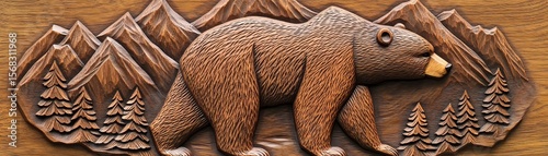 Wooden Bear Carving Forest Scene, rustic art , woodcraft