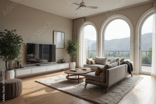 Comfortable couch placed on rug near modern TV and windows in stylish spacious living room with big doors