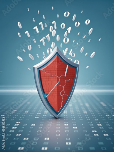 A cracked shield symbolizing compromised cybersecurity with binary code floating above a digital background.