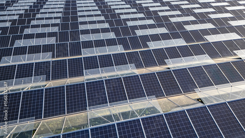 Greenhouse for growing vegetables with mounted photovoltaic solar panels on the roof, combining agriculture and solar energy for sustainable and eco-friendly food production.