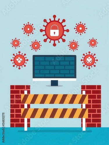 Illustration showing a computer protected by a brick firewall and barrier, surrounded by virus-like icons with security symbols.