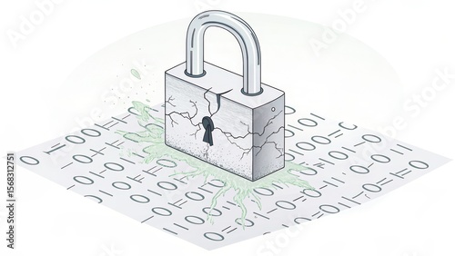 A cracked padlock on a binary code surface, symbolizing a security breach or vulnerability in digital data protection.