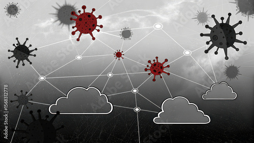 Illustration showing interconnected clouds and virus particles symbolizing the impact of COVID-19 on cloud computing and digital networks.