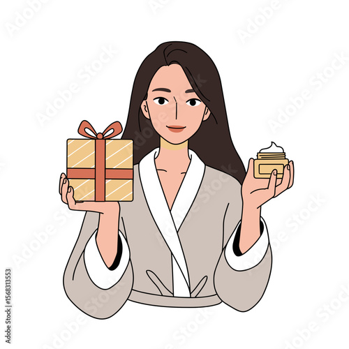 Woman in bathrobe holding gift box and skincare jar with smile  