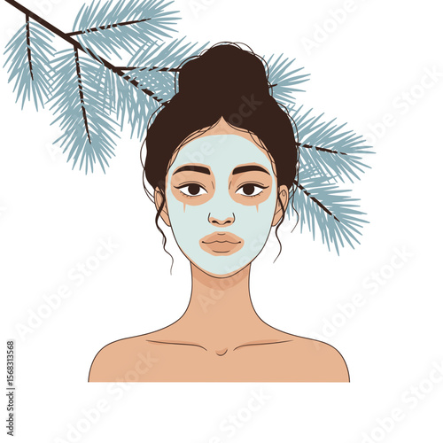 Young woman with facial mask relaxing under pine branches  