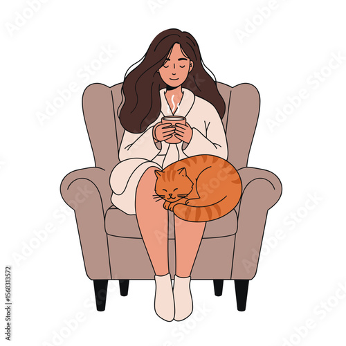 Young woman relaxing while holding a cup and sitting with cat   