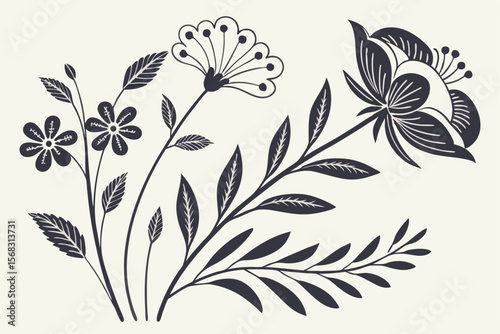 retro folk art, scandinavian minimalist floral pattern, black and white botanical illustrations, mid century modern abstract natural designs