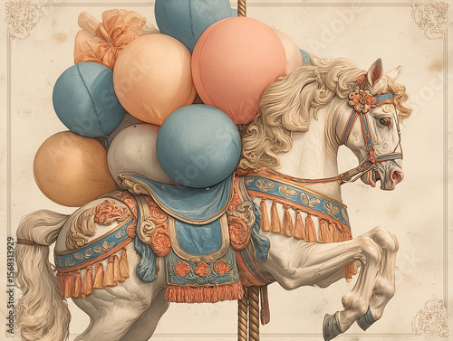 vintage-style birthday invitation background with carousel horse and pastel balloons, muted peach and ivory background.