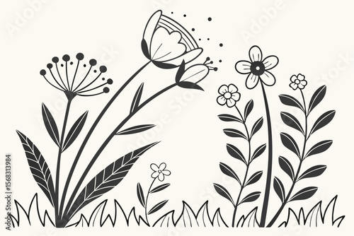 retro folk art, scandinavian minimalist floral pattern, black and white botanical illustrations, mid century modern abstract natural designs