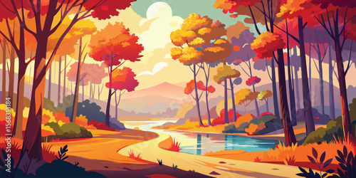 Autumnal Watercolor Landscape River Path Orange Red Yellow Trees