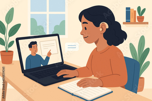Illustration of Young Woman with Hearing Aid Attending Online Class on Laptop in Bright Modern Room