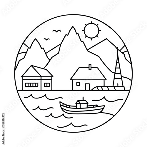 Norwegian mountain landscape continuous one line vector