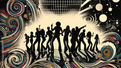 : Groovy silhouettes of dancing people with colorful swirling patterns, evoking a retro disco vibe. The image embodies joyful energy and lively social interaction under a mirrored disco ball