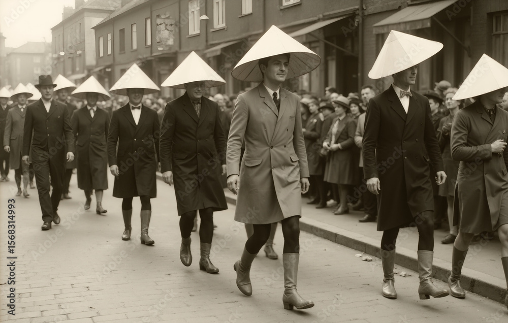 Obraz premium Procession of Men in Conical Hats and Knee-Length Coats