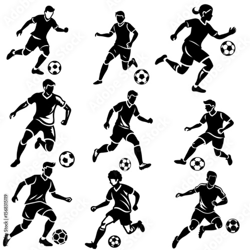 Soccer Player Silhouette Vector Set – Male and Female Football Athletes in Action Poses

