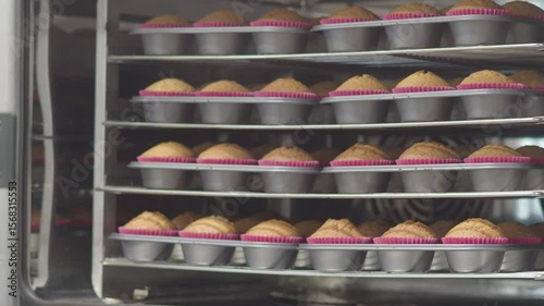 Rows of freshly baked cupcakes filling an industrial oven, illustrating the mass production process typical in a bustling bakery or food factory environment slow motion shot