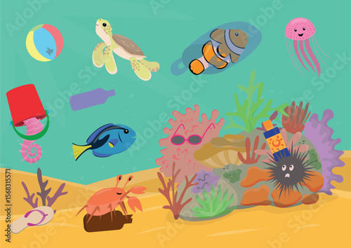 Game for children, find garbage on coral reef. Logical tasks for preschoolers vector illustration.
