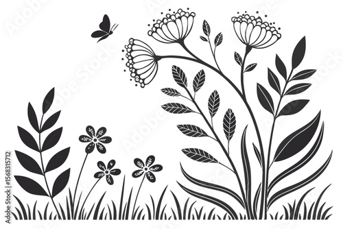 retro folk art, scandinavian minimalist floral pattern, black and white botanical illustrations, mid century modern abstract natural designs